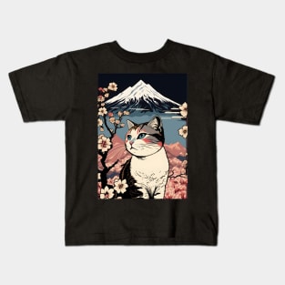 Japanese Cat Cherry Blossom Mount Fuji Kids T-Shirt